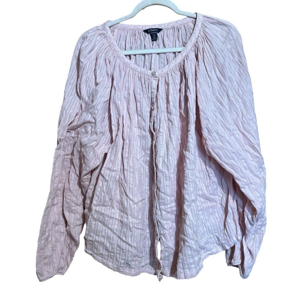 CHAPS Top Womens 2X Pink Pinstripe Button Up Cotton Blend Sheer Blouse